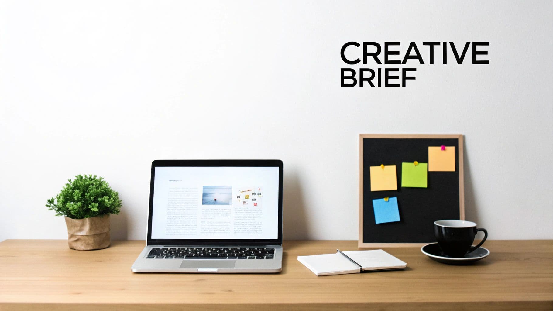 A creative workspace with a laptop, plant, notepad, sticky notes, coffee, and 'CREATIVE BRIEF' on the wall.