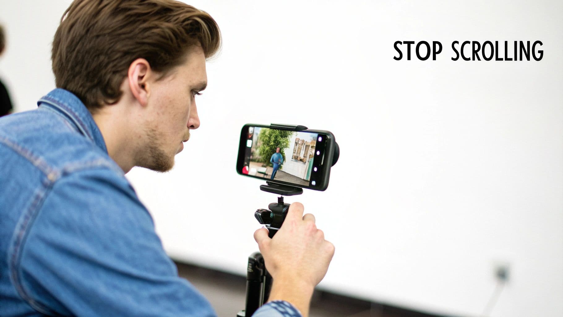 A man in a denim shirt films with a smartphone on a tripod, displaying 'STOP SCROLLING' text.