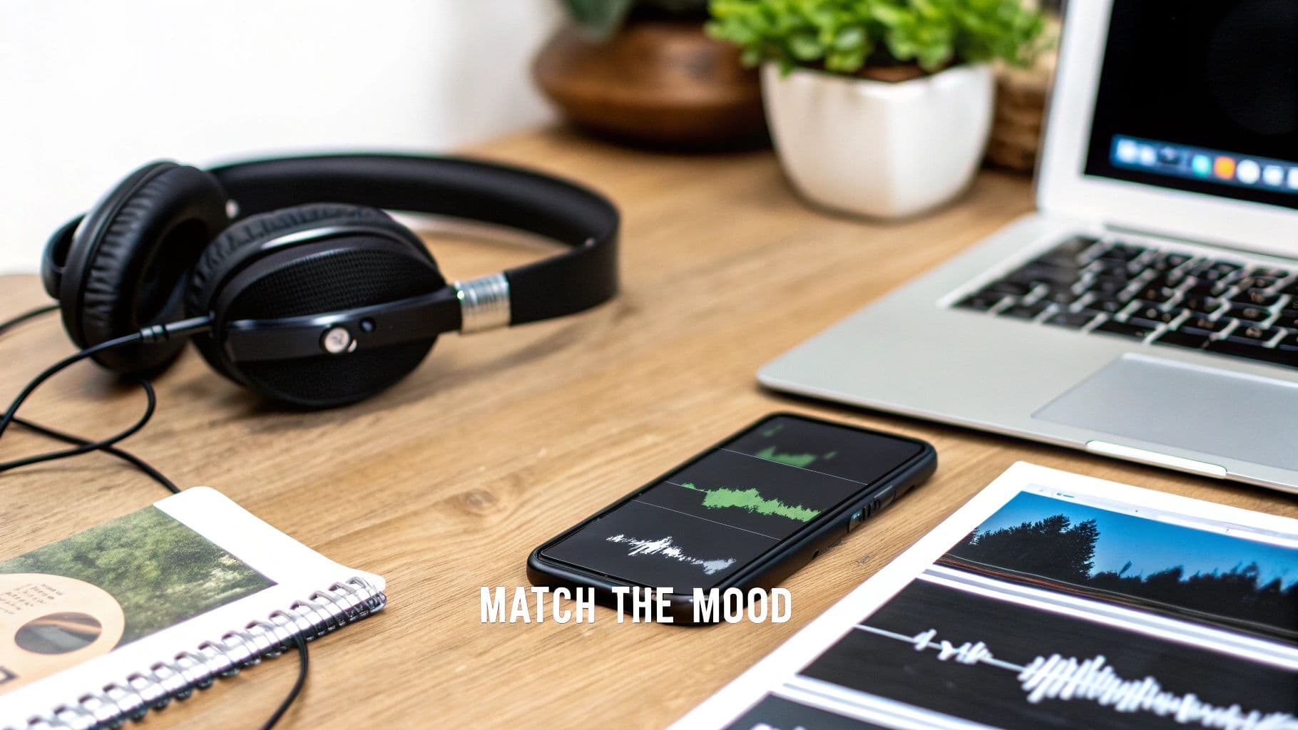 Modern desk setup with black headphones, smartphone showing audio waveform, laptop, and notebook.