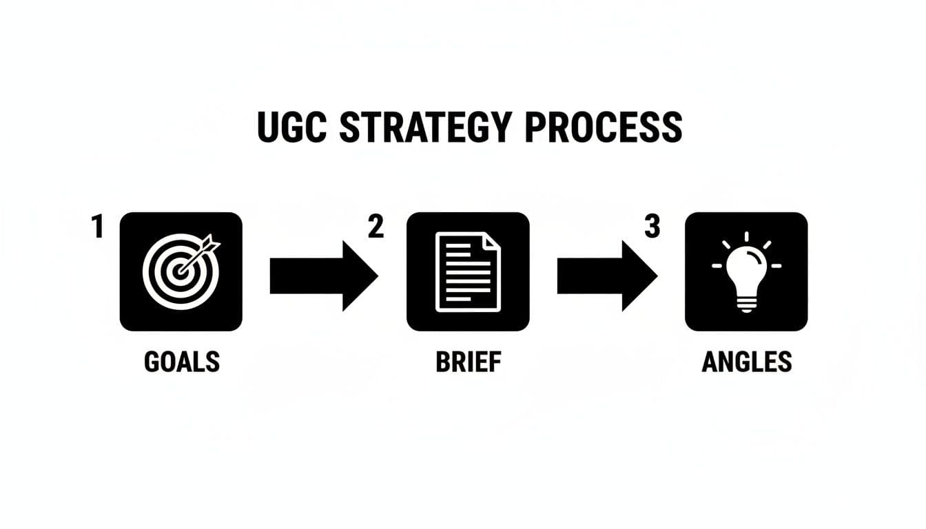 A visual representation of the UGC strategy process, outlining three key steps: Goals, Brief, and Angles.