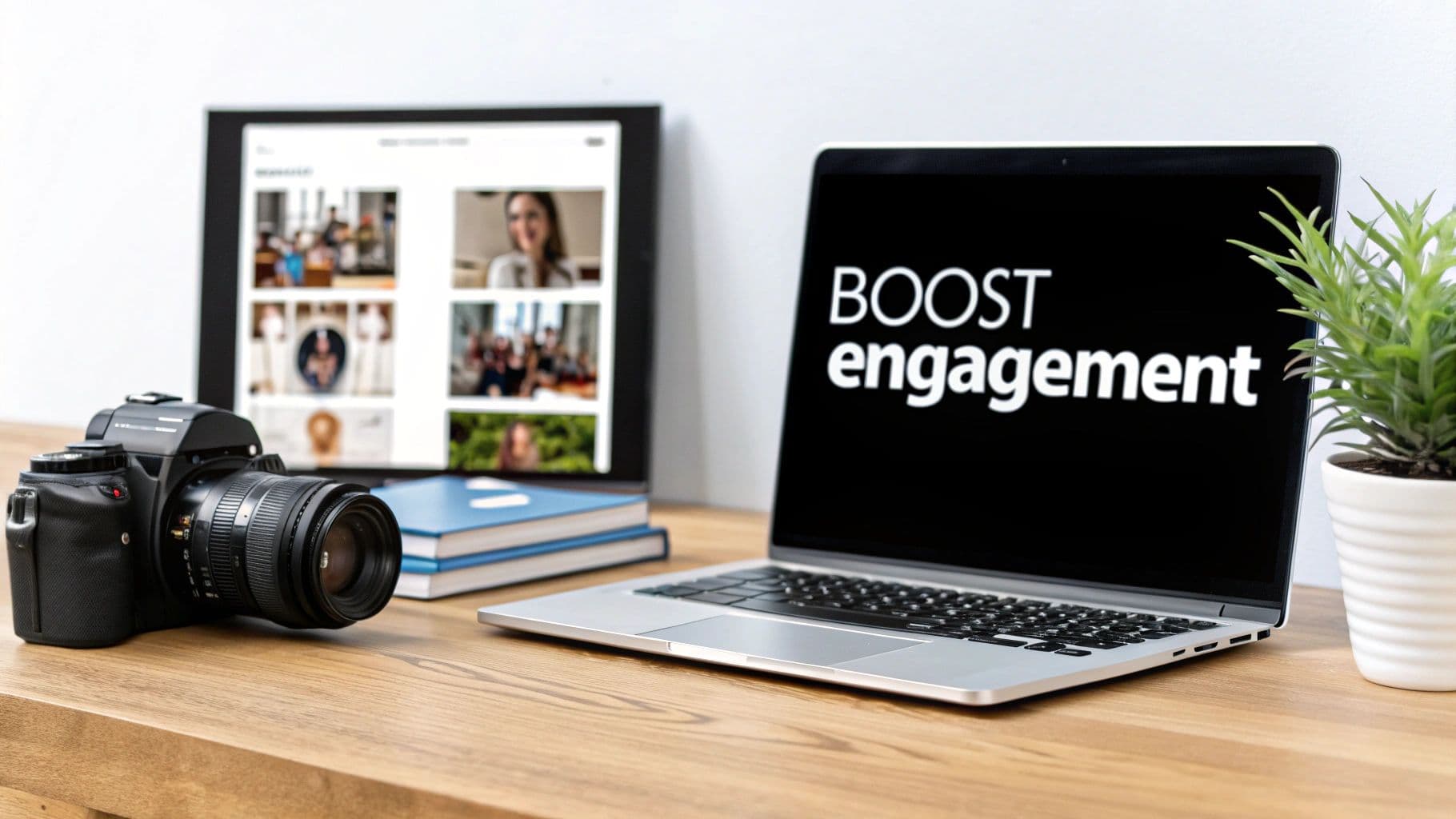 A creative workspace featuring a DSLR camera, a tablet displaying photo gallery, and a laptop showing 'BOOST engagement'.