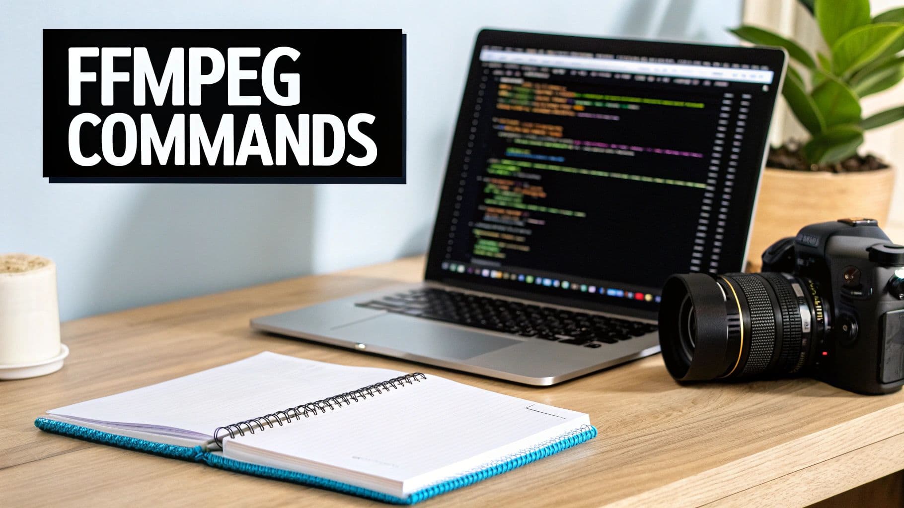 A desk with a laptop displaying code, a camera, an open notebook, and a coffee cup. Text 'FFMPEG COMMANDS' is overlaid.