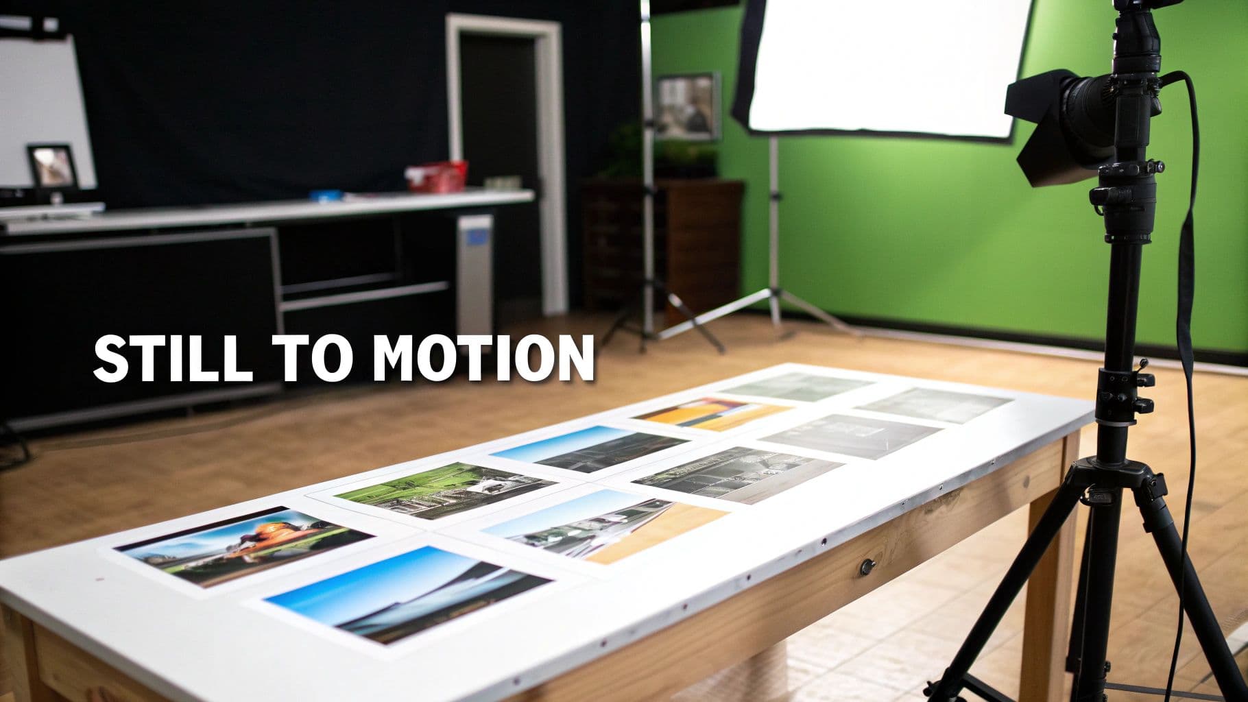 A still to motion studio setup featuring a camera, green screen, and a table with various photographs.