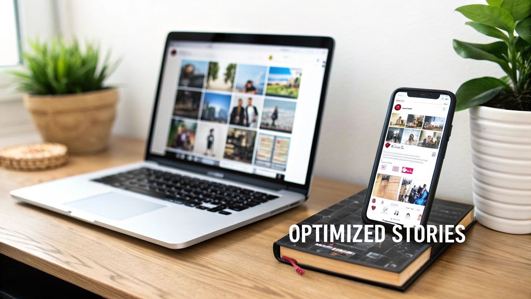 A laptop and a smartphone displaying photo content on a wooden desk, with plants.