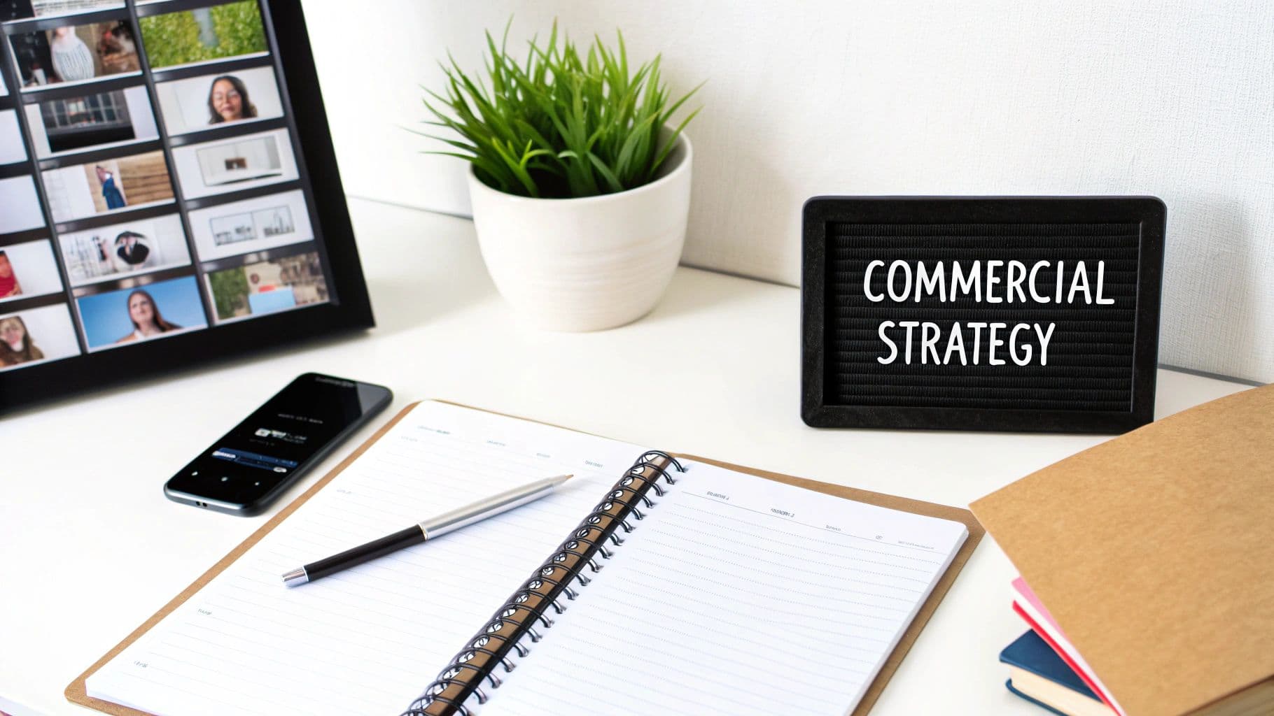 A desk with a letter board displaying 'COMMERCIAL STRATEGY', a notebook, phone, and video grid.