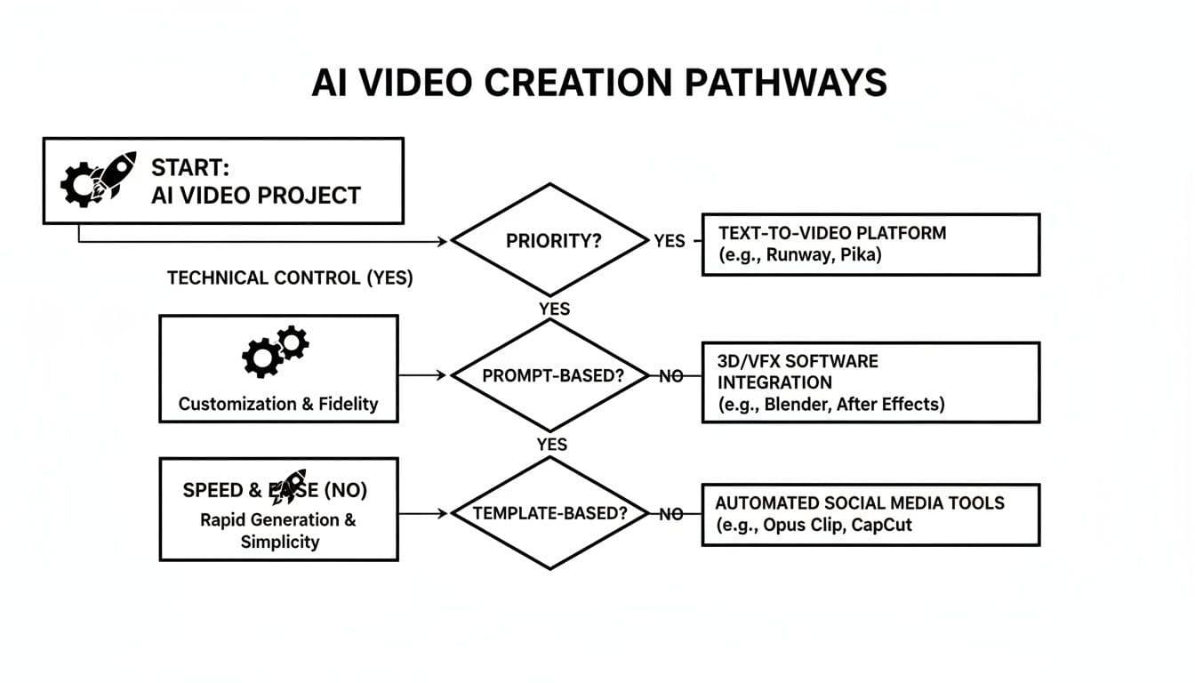 Flowchart showing AI video creation pathways based on technical control, customization, speed, and tool types.