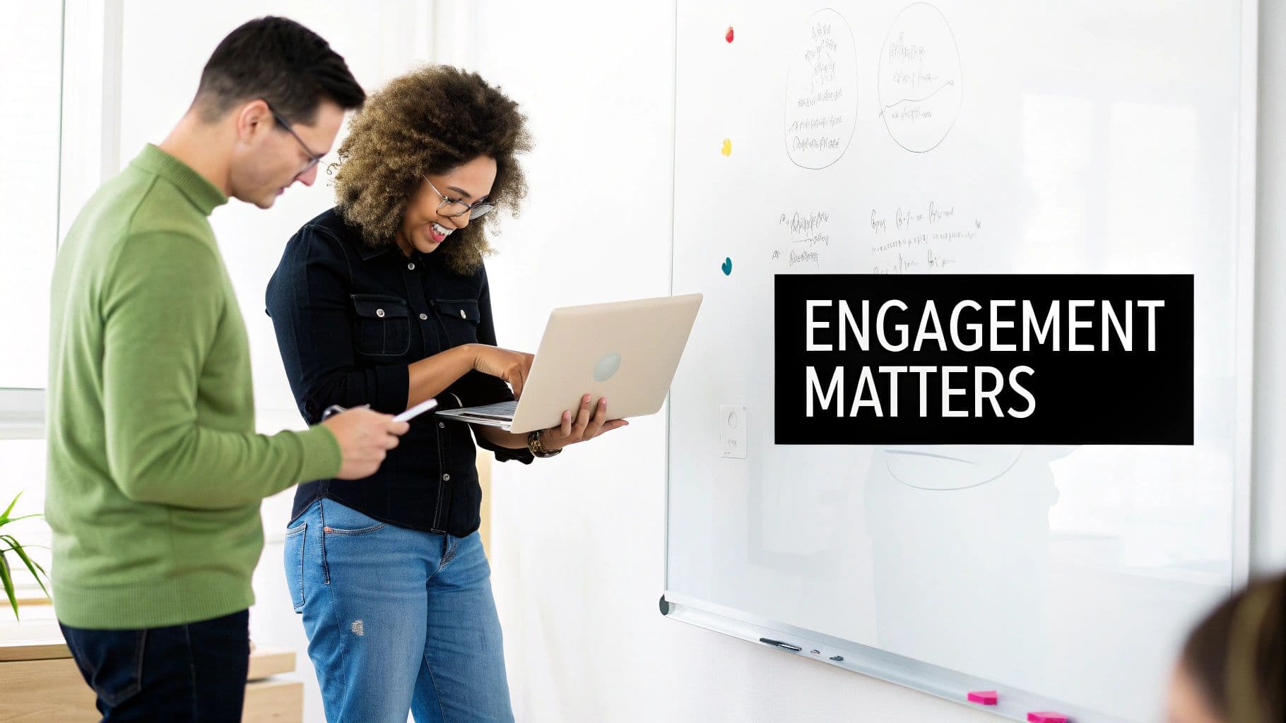 Diverse team collaborating with a laptop near a whiteboard with "ENGAGEMENT MATTERS" text.