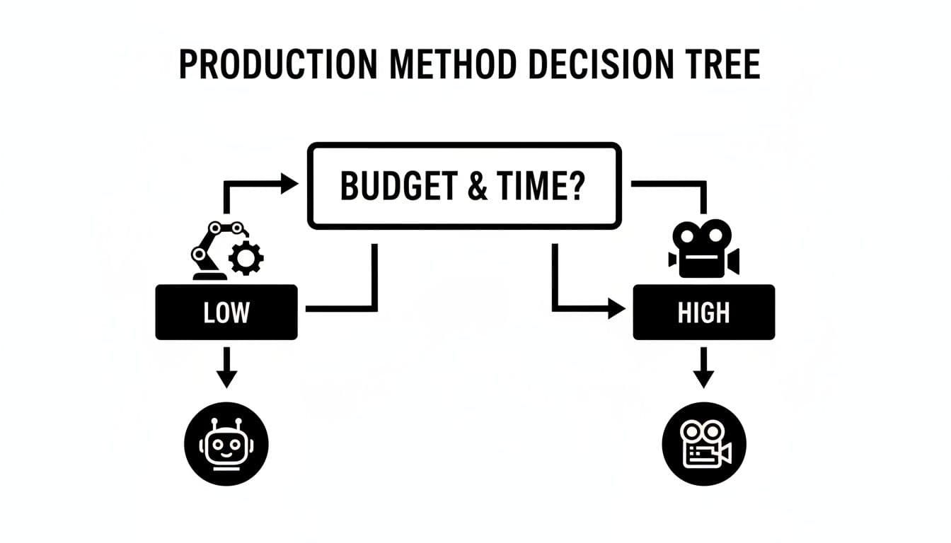 A decision tree diagram illustrating production methods based on budget and time, leading to low or high options.