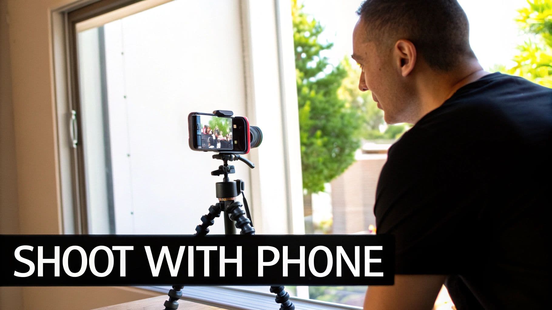 A person looks at a smartphone on a tripod, recording video, demonstrating how to shoot with a phone.